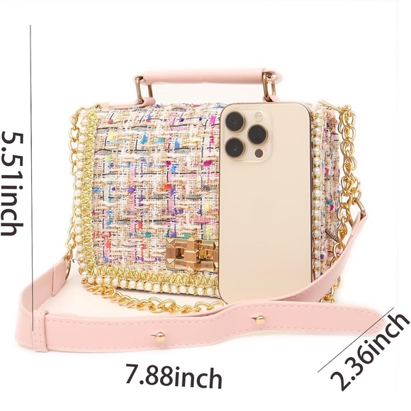 EUC Chic Multicolor Tweed Handbag with Gold Chain and Pink Trim - Picture 3 of 11